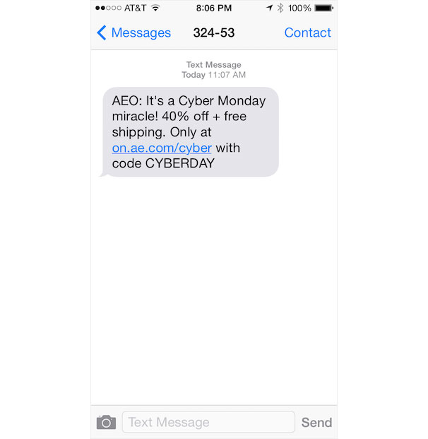 American-Eagle-SMS-Example By tying the sale to a specific event, you are giving customers relevant information.